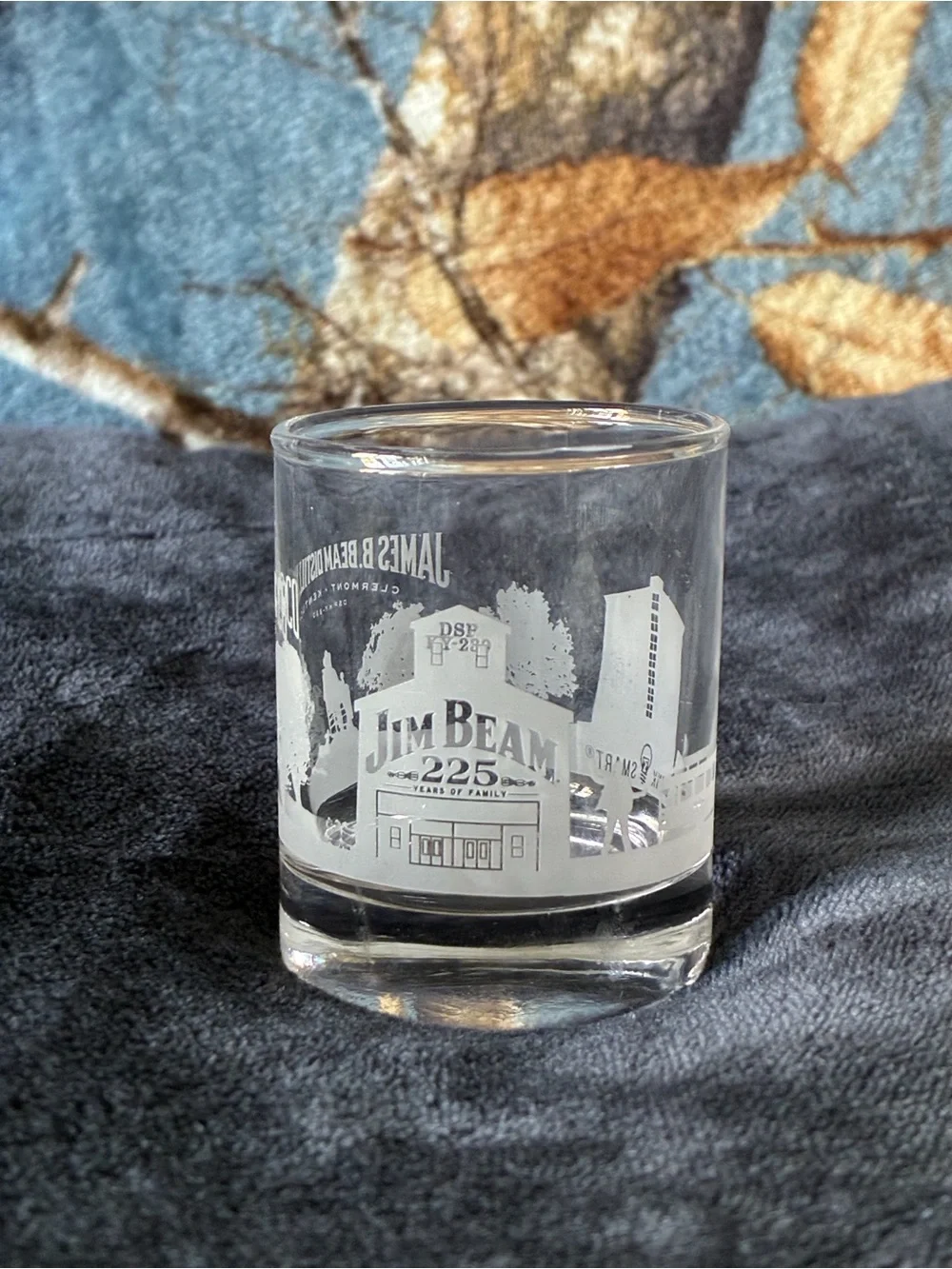 Jim Beam Clear Glass Shot Glass W/White design, Collector 225 Years W/Family